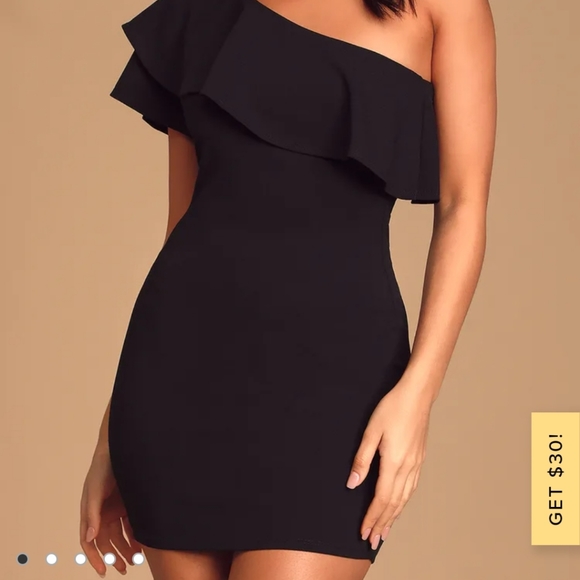 Lulu's Dreamy Night black one shoulder ruffle bodycon mini dress size M - Picture 2 of 4